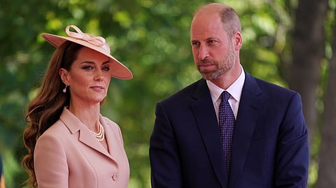 Britain's Kate, Princess of Wales and Prince William join Britain's King Charles III and Queen Camilla to welcome French President Emmanuel Macron and his wife Brigitte to Windsor Castle in Windsor, England, Tuesday, July 8, 2025. 