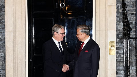British Prime Minister Keir Starmer shakes hands with Vietnamese Communist Party chief To Lam, at Downing Street, in London, Britain, October 29, 2025. 