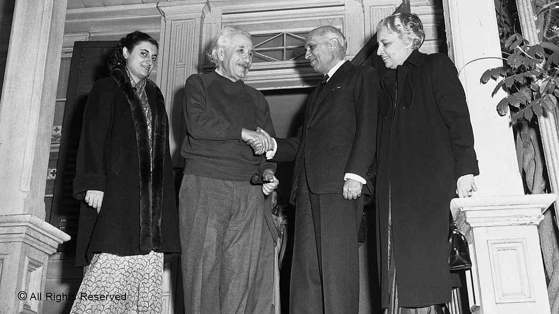 SPEAK RELATIVITY—Prime Minister Jawaharlal Nehru calls upon Dr Albert Einstein, famed for his theory of relativity, at Princeton University. Also seen are Indira Gandhi and Vijaya Lakshmi Pandit.