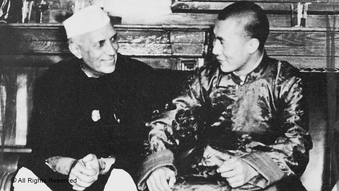 FRIEND IN NEED—Prime Minister Jawaharlal Nehru meets a refugee—the 14th Dalai Lama, Tenzin Gyatso—after the latter’s exile from Tibet in 1959