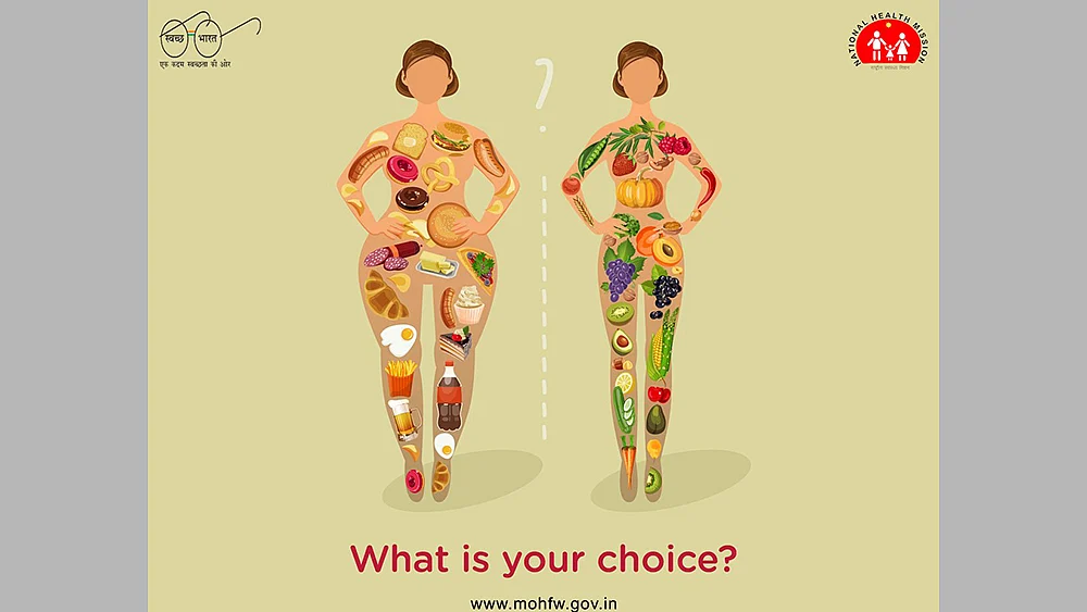 Image tweeted by the Union Ministry of Health on April 22, suggesting that citizens eat only fruit and vegetables in order to be thin. The tweet was deleted on April 23 afternoon