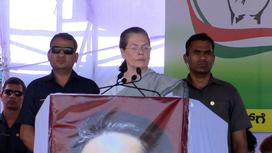 Former Congress President Sonia Gandhi addresses an election rally in Vijayapura, Karnataka on May 8