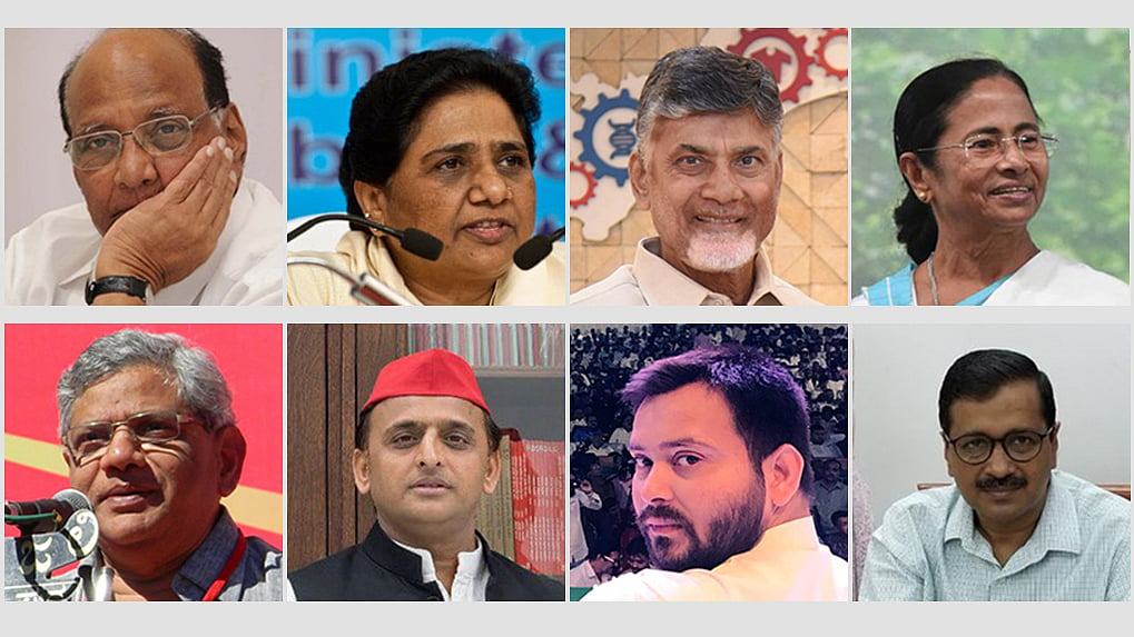 Top L-R: Sharad Pawar, Mayawati, N Chandrababu Naidu, Mamata Banerjee; Below L-R: Sitaram Yechury, Akhilesh Yadav, Tejashwi Yadav, Arvind Kejriwal