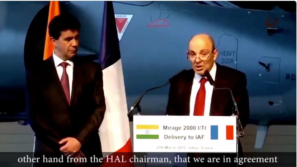 Grab from a video released by the Congress party on September 22 which, it says, shows Dassault Aviation Chairman Eric Trappier speaking on March 25, 2015—just 17 days before PM Modi announced a new Rafale deal excluding HAL in Paris—in the presence of Indian Air Force and Hindustan Aeronautics Limited officers, about responsibility sharing on the Rafale contract