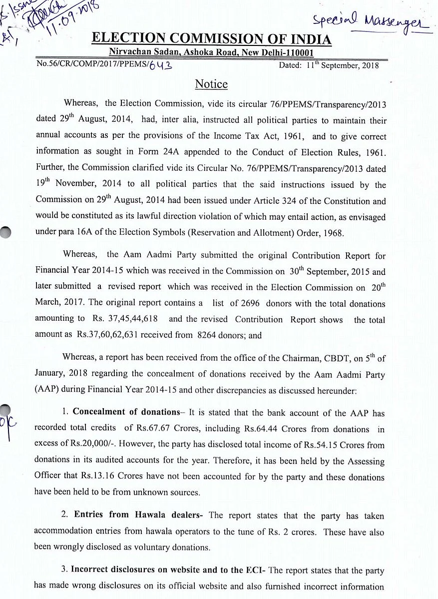 Poll panel asks AAP to explain donation discrepancies