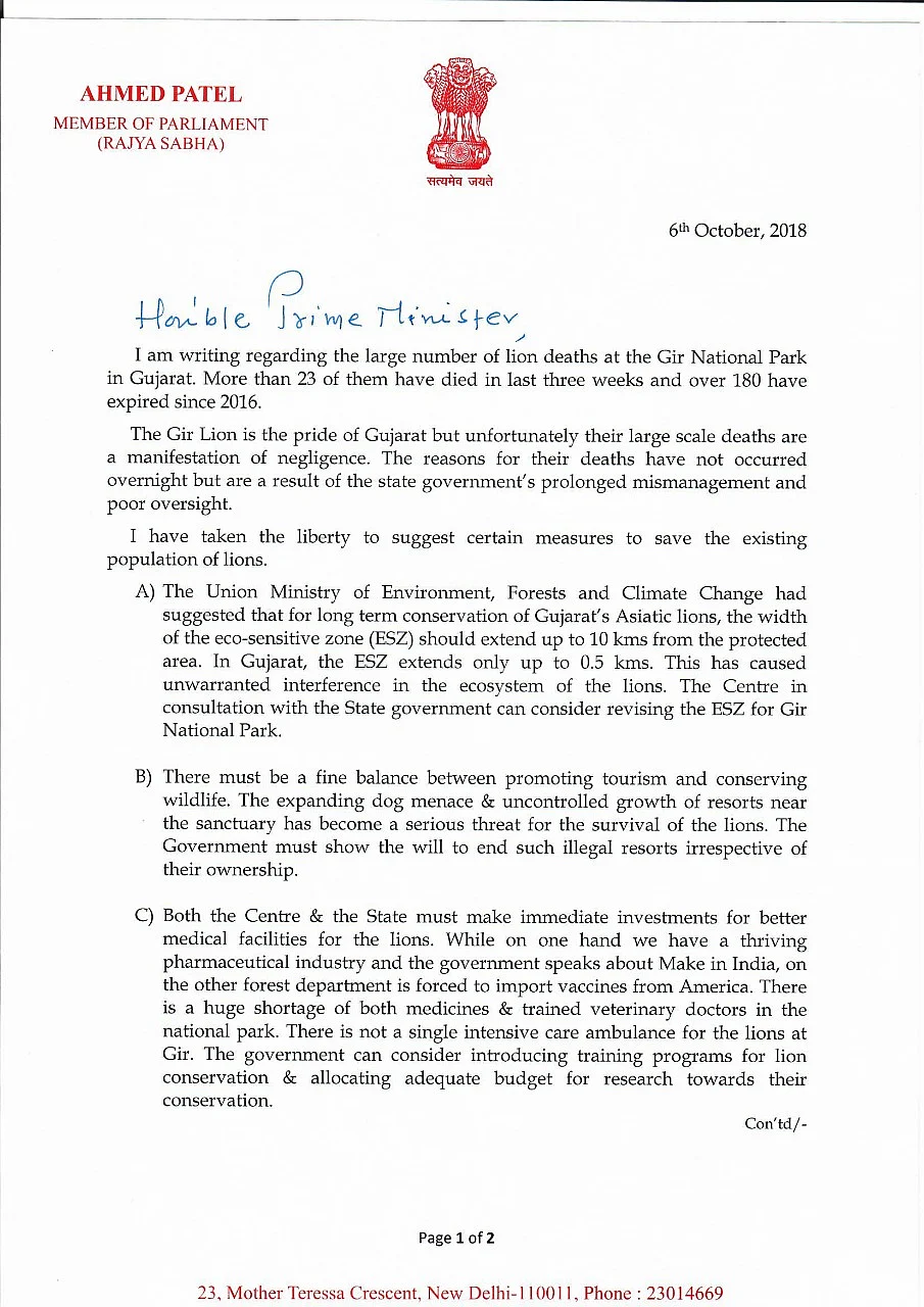 Ahmed Patel writes to PM Modi over death of 23 Gir lions in three weeks
