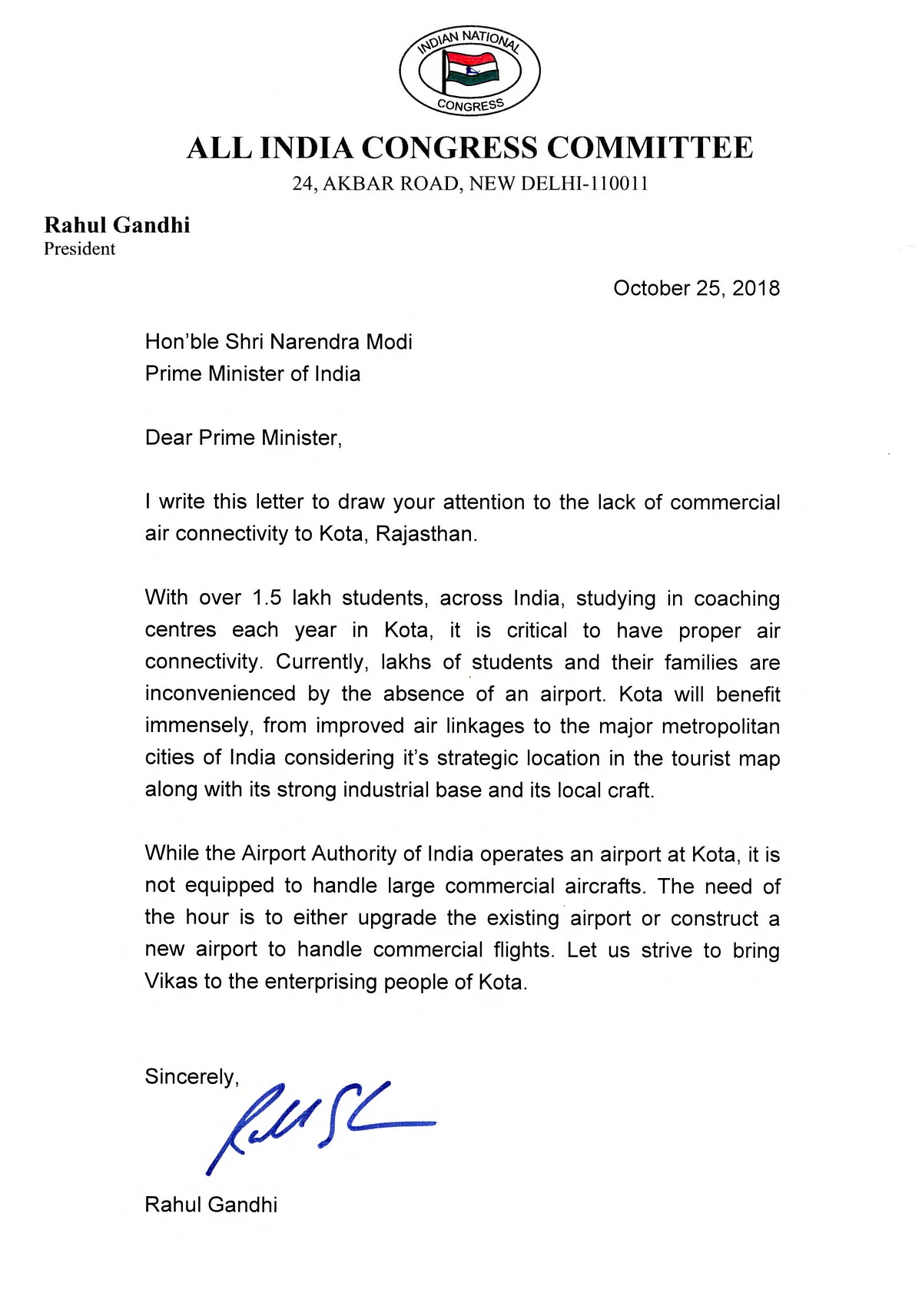 Rahul Gandhi writes to PM seeking air connectivity for Kota