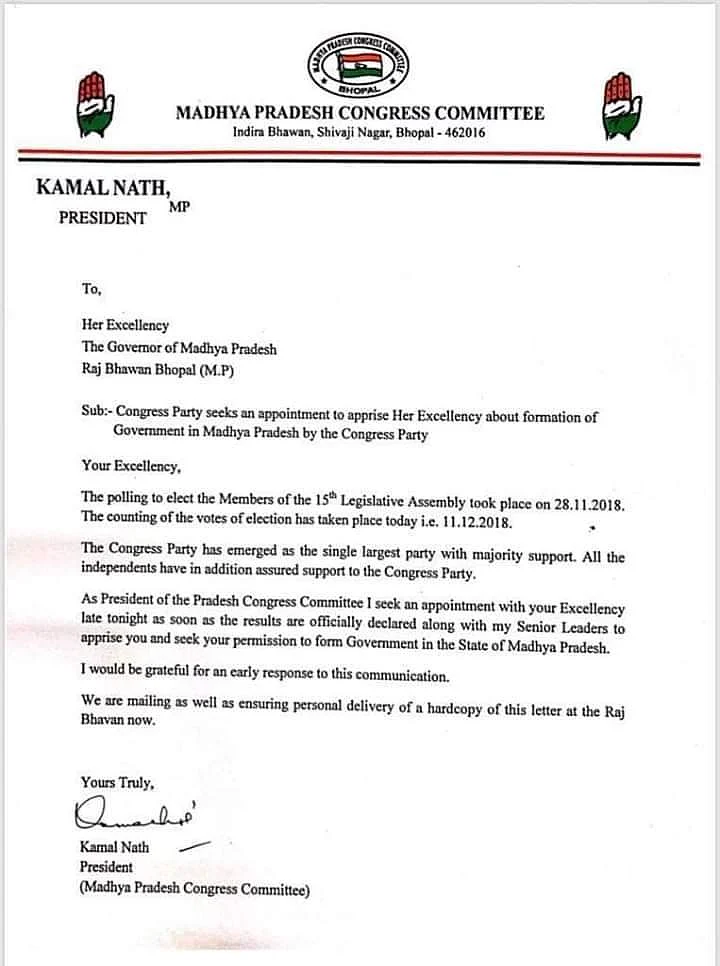 Kamal Nath writes to governor, stakes claim to form govt in Madhya Pradesh
