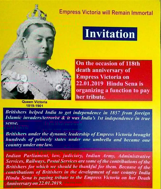 Hindu Sena to observe Queen Victoria’s death anniversary by glorifying British rule in India