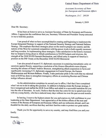 Top US diplomat Assistant Secretary for European and Eurasian Affairs A Wess Mitchell resigns