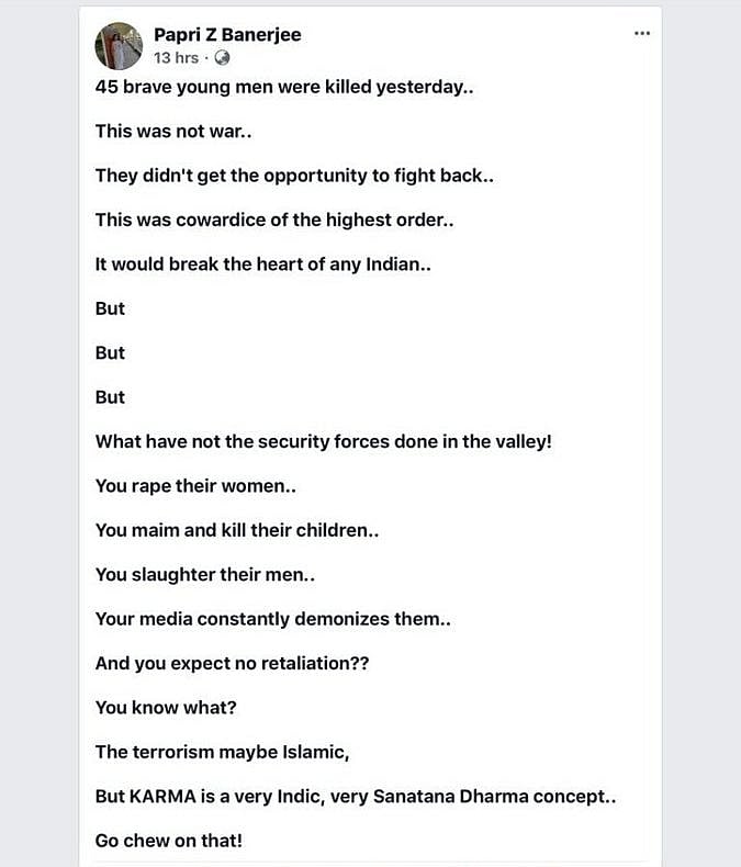Screenshot of Facebook post by Papri Banerjee