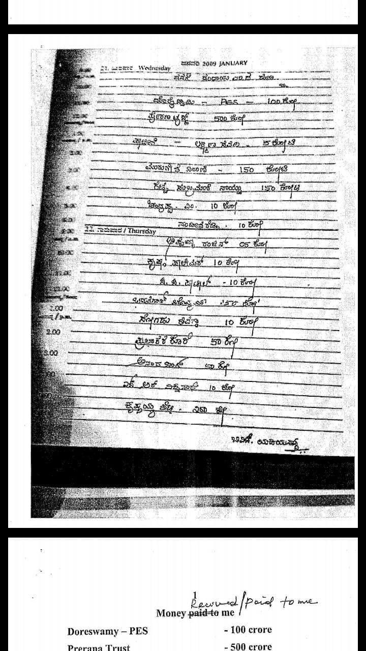 Entries by Yeddyurappa reveal payment of ₹1,800 Crore to ‘chowkidars’