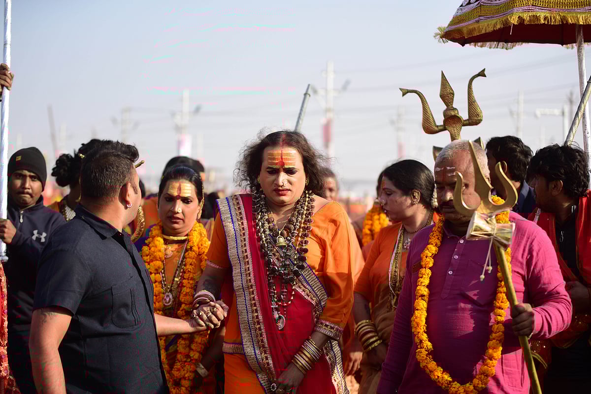 Lakshmi Narayan Tripathi, Chief of the “Kinnar Akhada,” congregation for transgender devotees, during the first “Shahi Snan” (grand bath) at “Kumbh Mela” at Prayagraj on January 15, 2019 