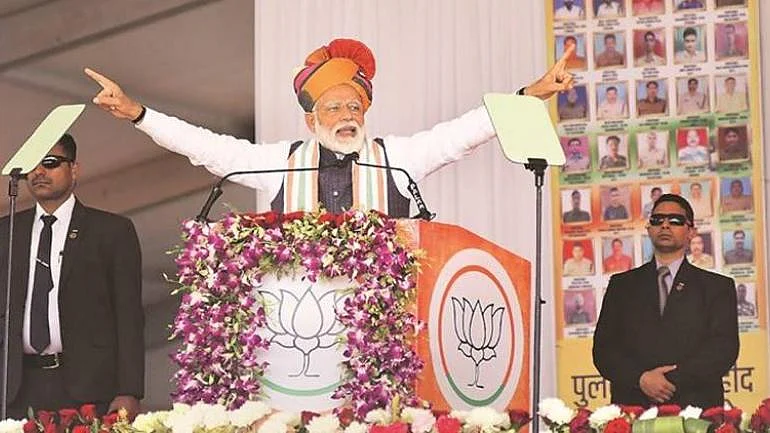 PM Modi during an election rally in Rajasthan’s Churu district last month, his first address after the IAF raids in Balakot/PTI