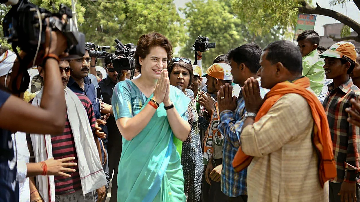 Congress General Secretary Priyanka Gandhi Vadra greets supporters during election campaign for Lok Sabha polls, in Raebareli (PTI)