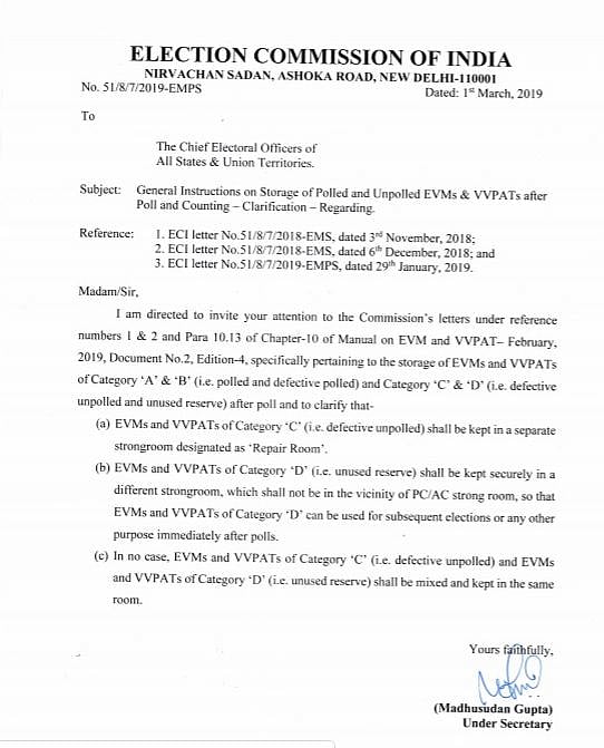 A copy of EC’s guidelines on storage of polled and unpolled EVMs and VVPATs after poll and counting