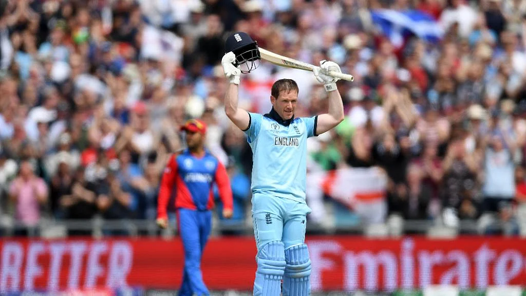 England captain Eoin Morgan hit a whirlwind 148 off just 71 balls against Afghanistan.