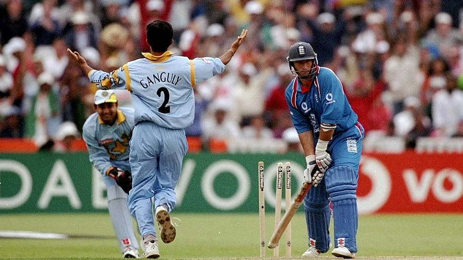 A jubilant Sourav Ganguly as he knocks out England’s Nasser Hussain at Edgbaston, May 29,1999 (file photo). 
