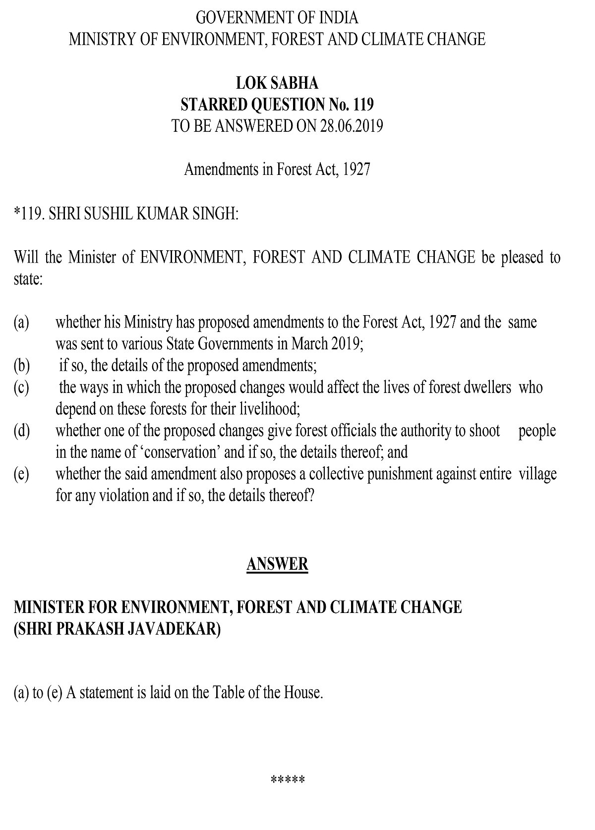 Prakash Javadekar misleads Lok Sabha now on amendments to Forest Act