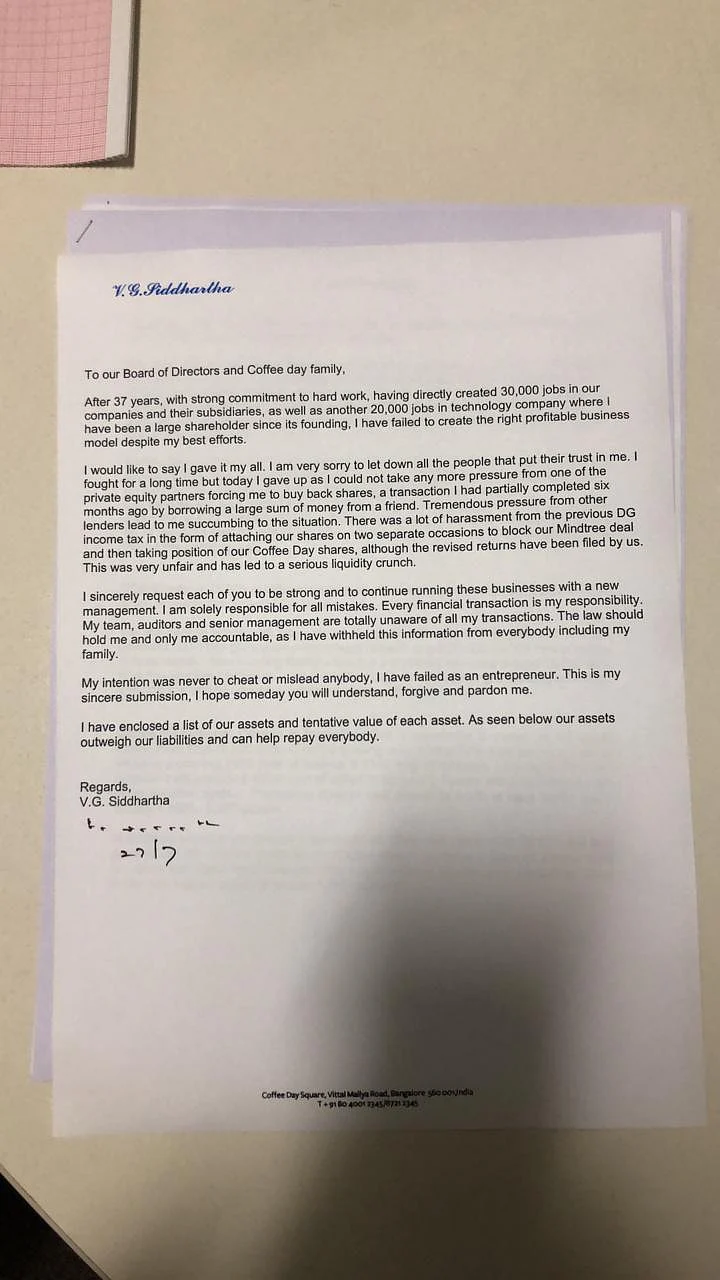 ‘Missing’ Cafe Coffee Day founder’s letter sends shock waves through business and Income Tax circles