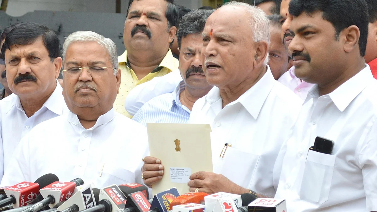 BS Yediyurappa talks to media personnel after meeting Governor Vajubhai Vala in Bengaluru on July 26, 2019 (IANS)
