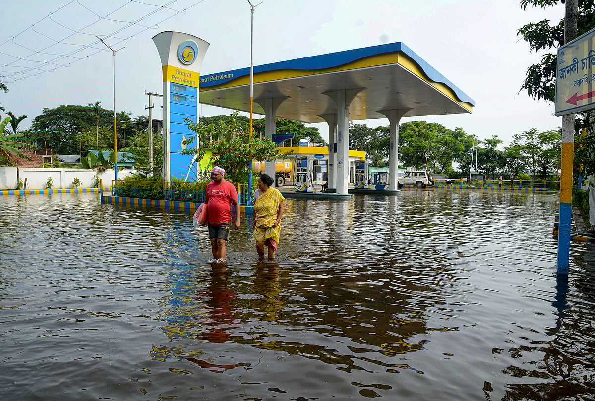 A fuel filling station submerged in floodwater following incessant rainfalls, near Hajo in Kamrup