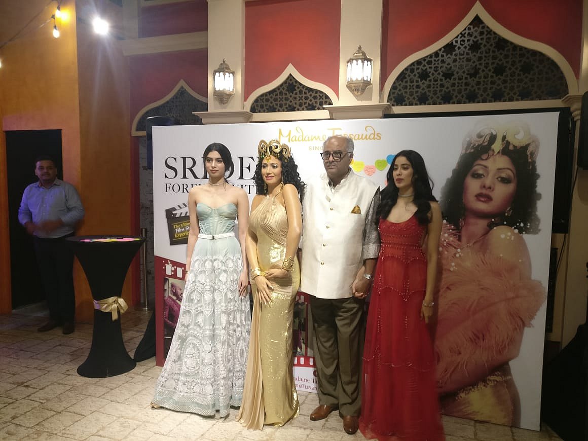 Boney Kapoor along with daughters Janhvi and Khushi unveil Sridevi’s statue at Madame Tussauds in Singapore
