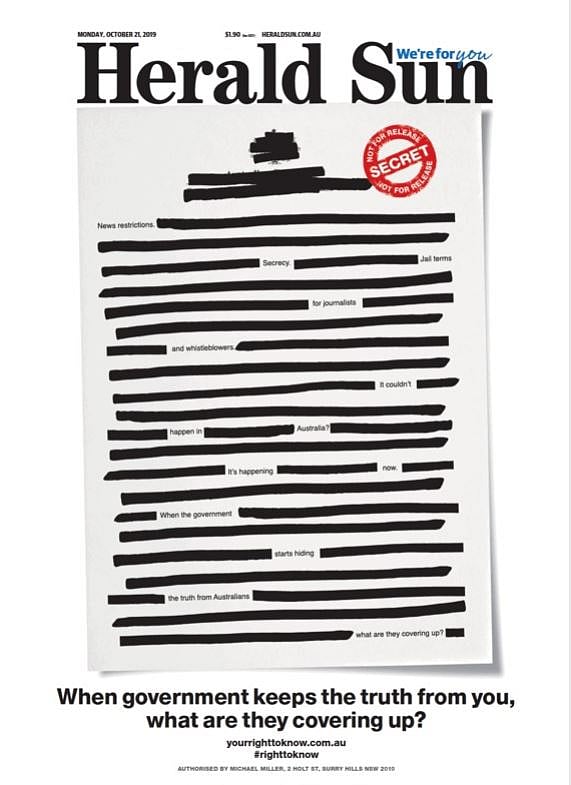 Australian newspapers black out front pages to protest against secrecy laws