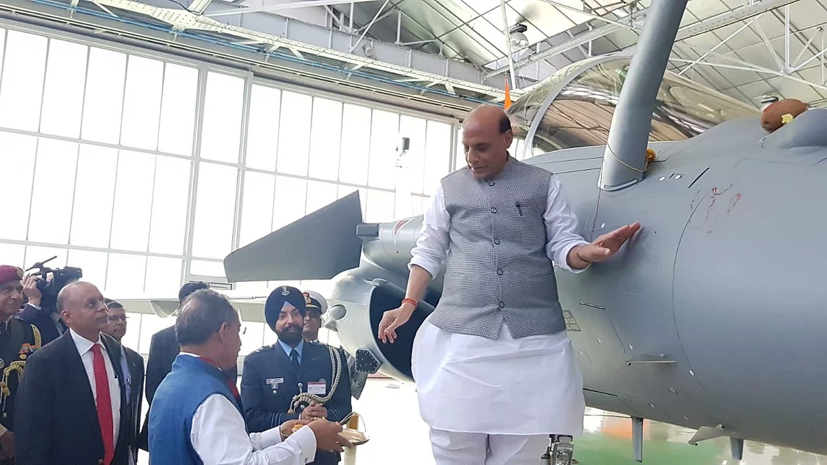 Defence Minister Rajnath Singh performing the ‘puja’ of Rafale fighter jet.
