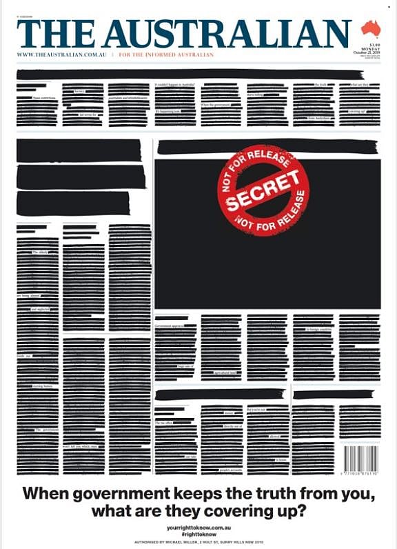 Australian newspapers black out front pages to protest against secrecy laws