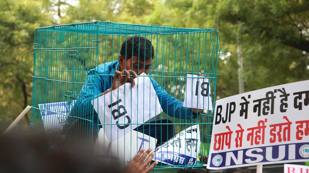 Youth Congress and NSUI activists protesting against Modi government’s baltant misuse of central agencies against political opponents, in New Delhi on Saturday.
