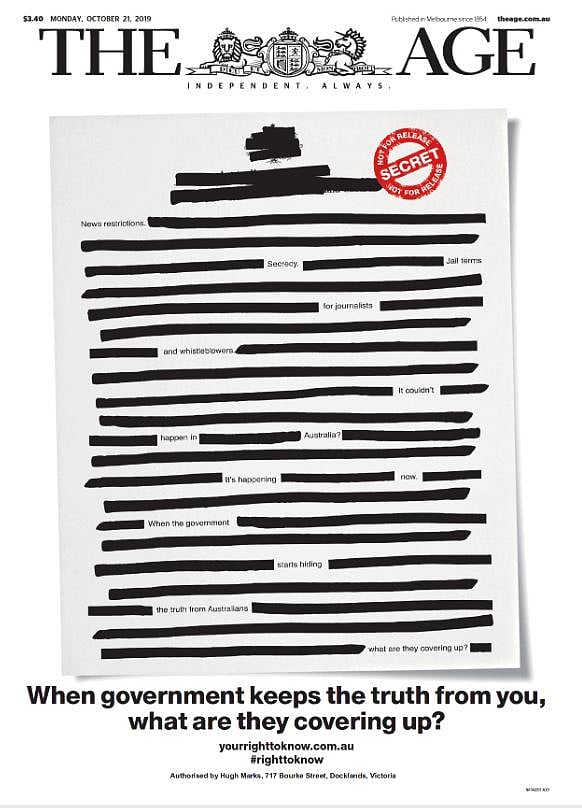Australian newspapers black out front pages to protest against secrecy laws
