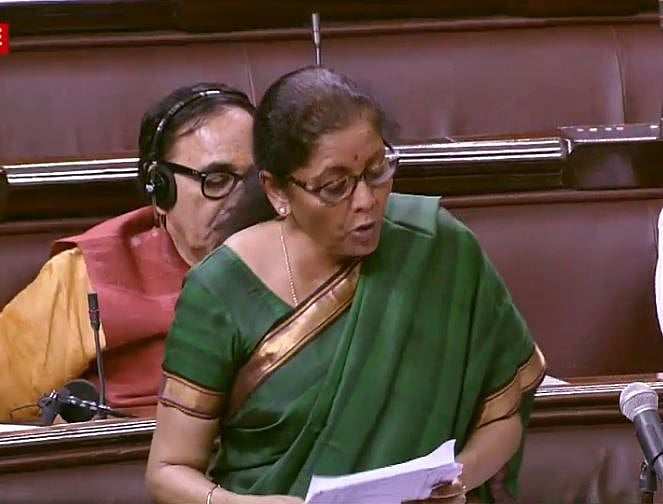 Nirmala Sitharaman replying to a debate in Rajya Sabha on country’s economic situation, on Wednesday Nov 27, 2019.&nbsp;