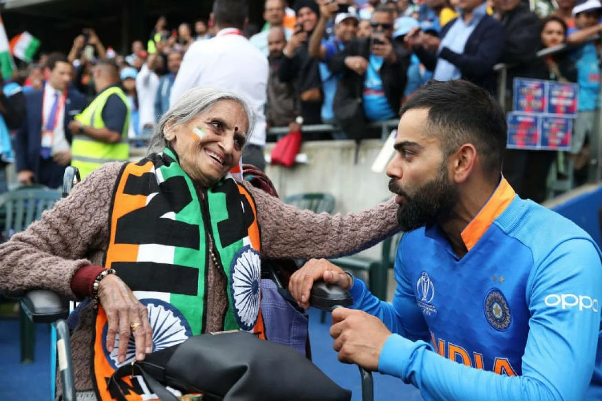 Virat Kohli meets Charulata Patel after India’s victory over Bangladesh in the Cricket World Cup match at Edgbaston in Birmingham, England.