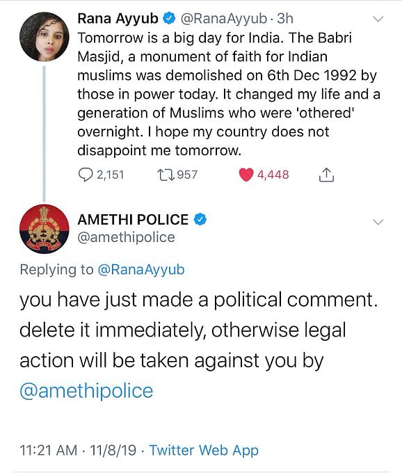 Journalist Rana Ayyub gets UP Police warning ahead of Ayodhya verdict