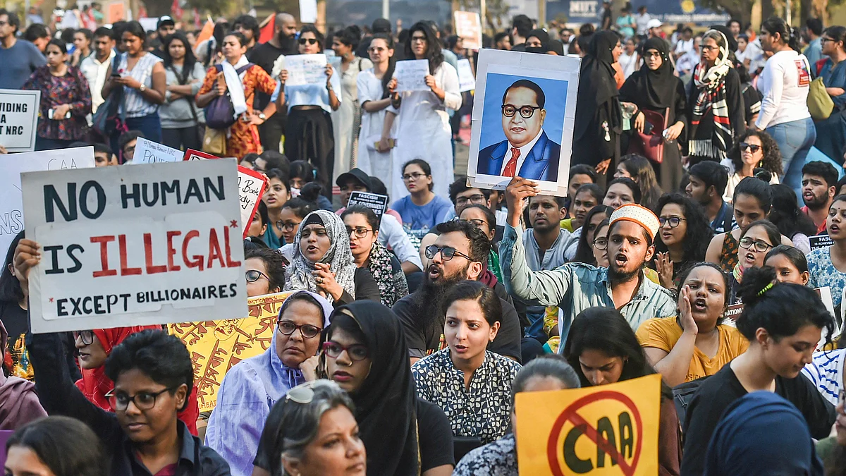 Protesters participate in a rally against the amended Citizenship Act and NRC, at August Kranti Maidan in Mumbai on Thursday (PTI)
