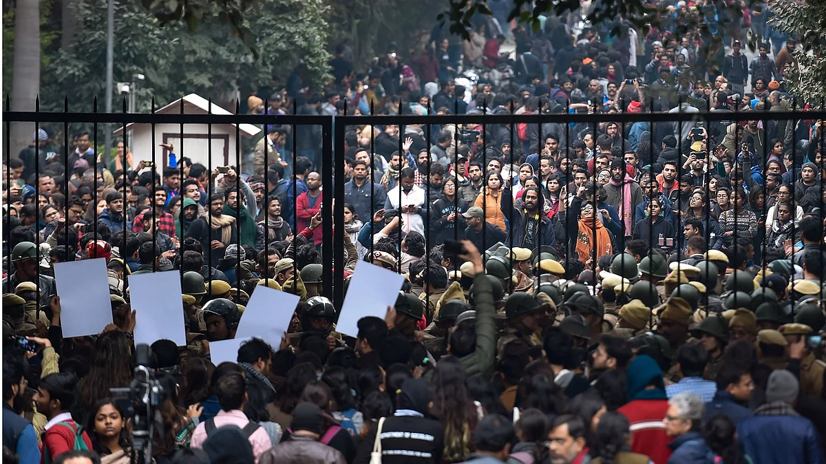 Students stage a protest at main gate of JNU over Sunday’s violence on Monday, Jan 6, 2020. (PTI photo)
