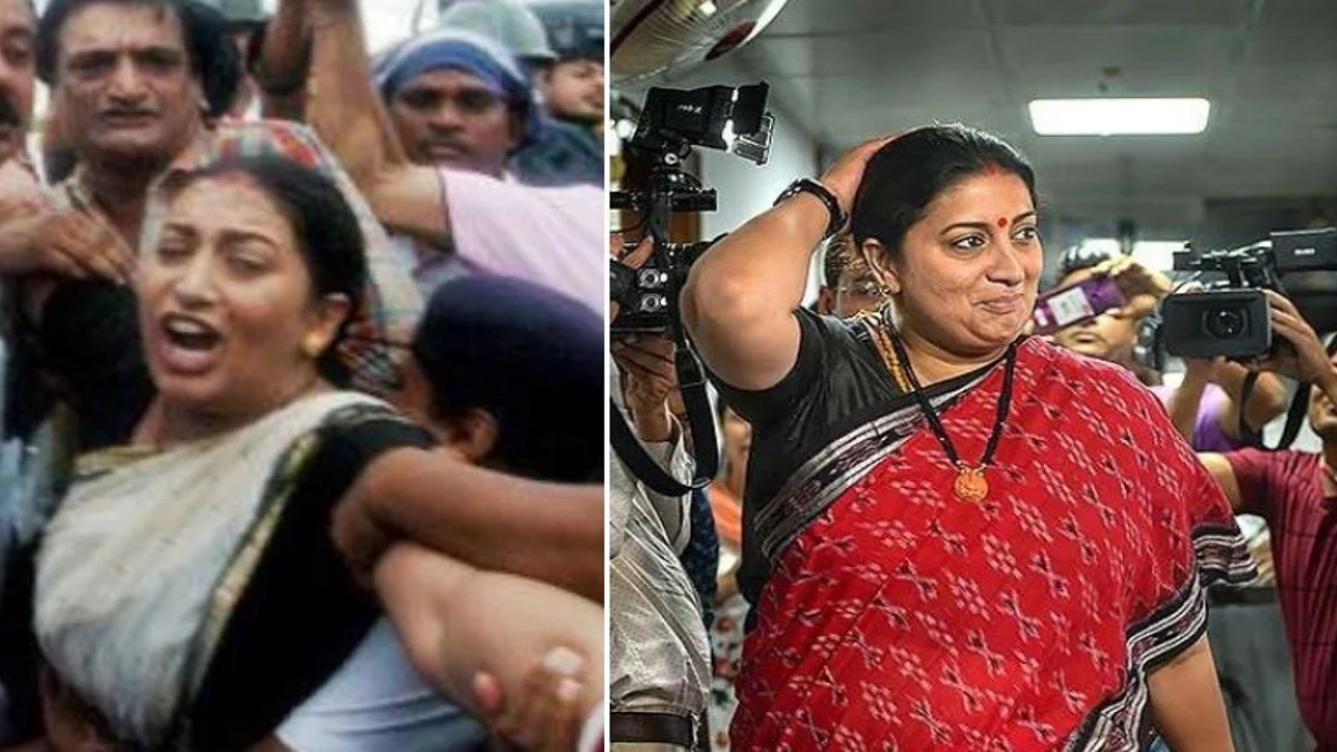 (left) BJP leader Smriti Irani in 2013, (Right) BJP minister Smriti Irani in 2020