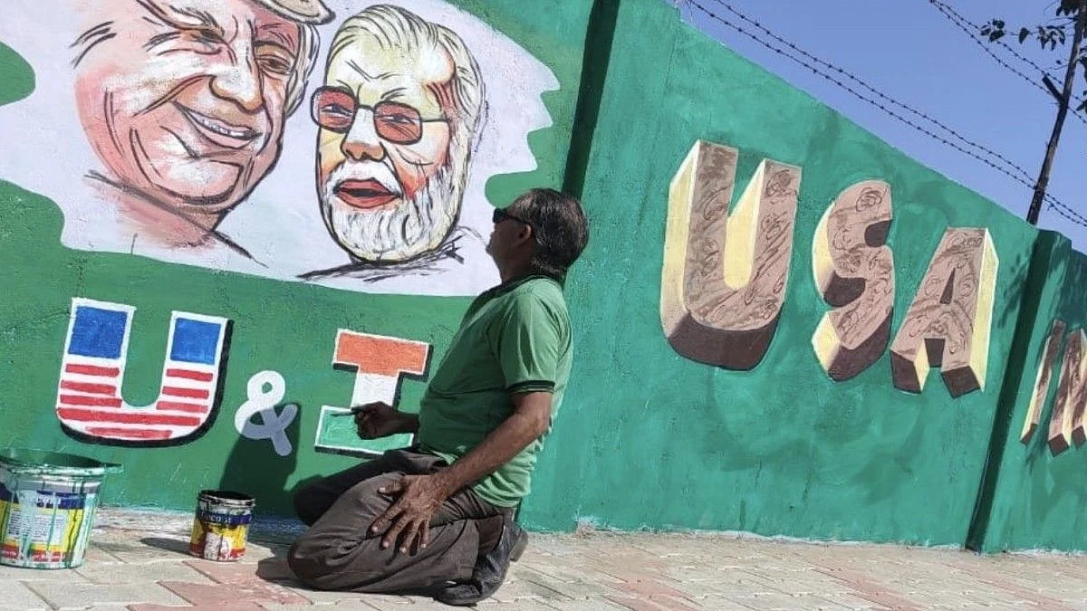 Walls opposite are being painted with images of PM Modi & US President ahead of Donald Trump’s visit to Gujarat (Photo courtesy- social media)