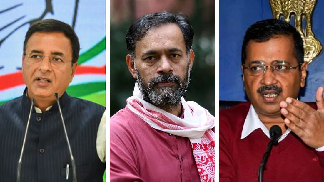 (From Left to Right) Randeep Singh Surjewala, Yogendra Yadav and Arvind Kejriwal