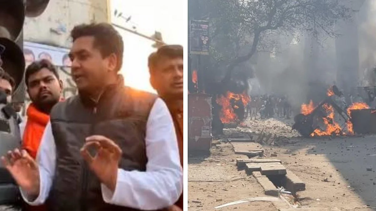 (Left) Kapil Mishra; (Right) Delhi violence