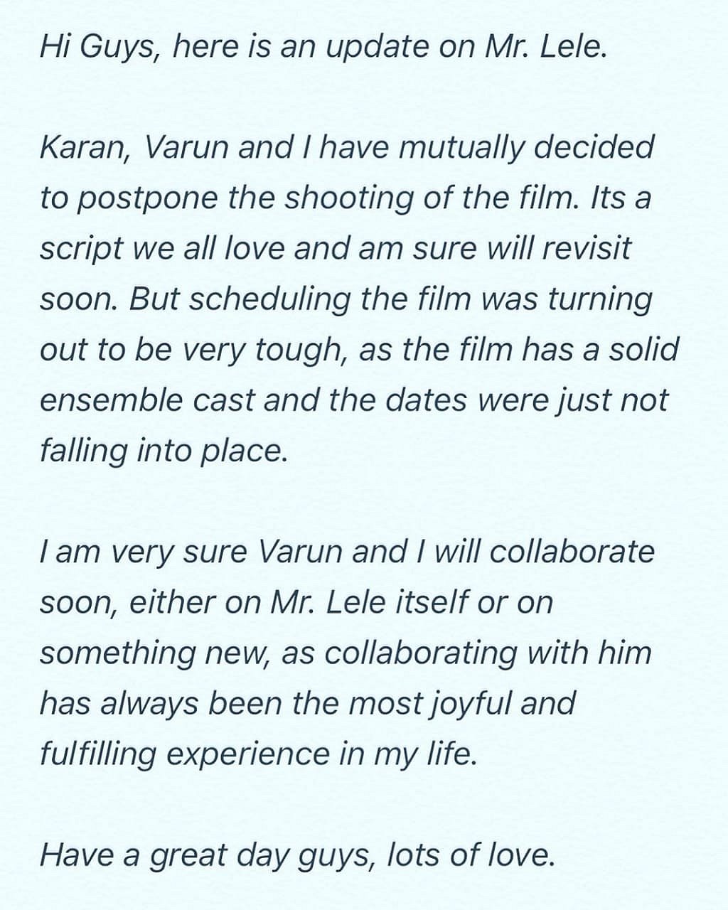 Varun Dhawan starrer ‘Mr Lele’ on hold