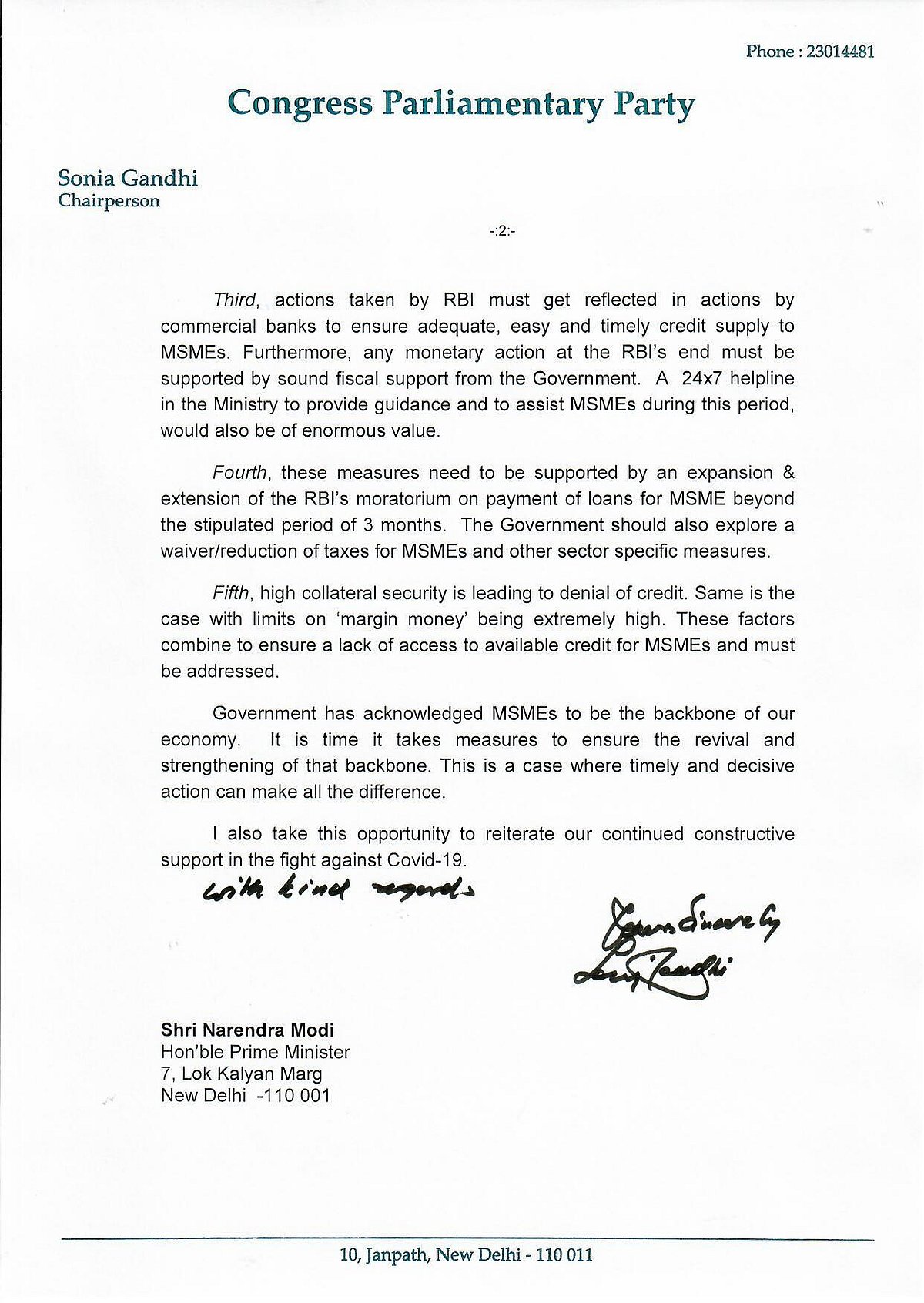 Congress President Sonia Gandhi writes to PM Modi; seeks economic package for revival of MSMEs