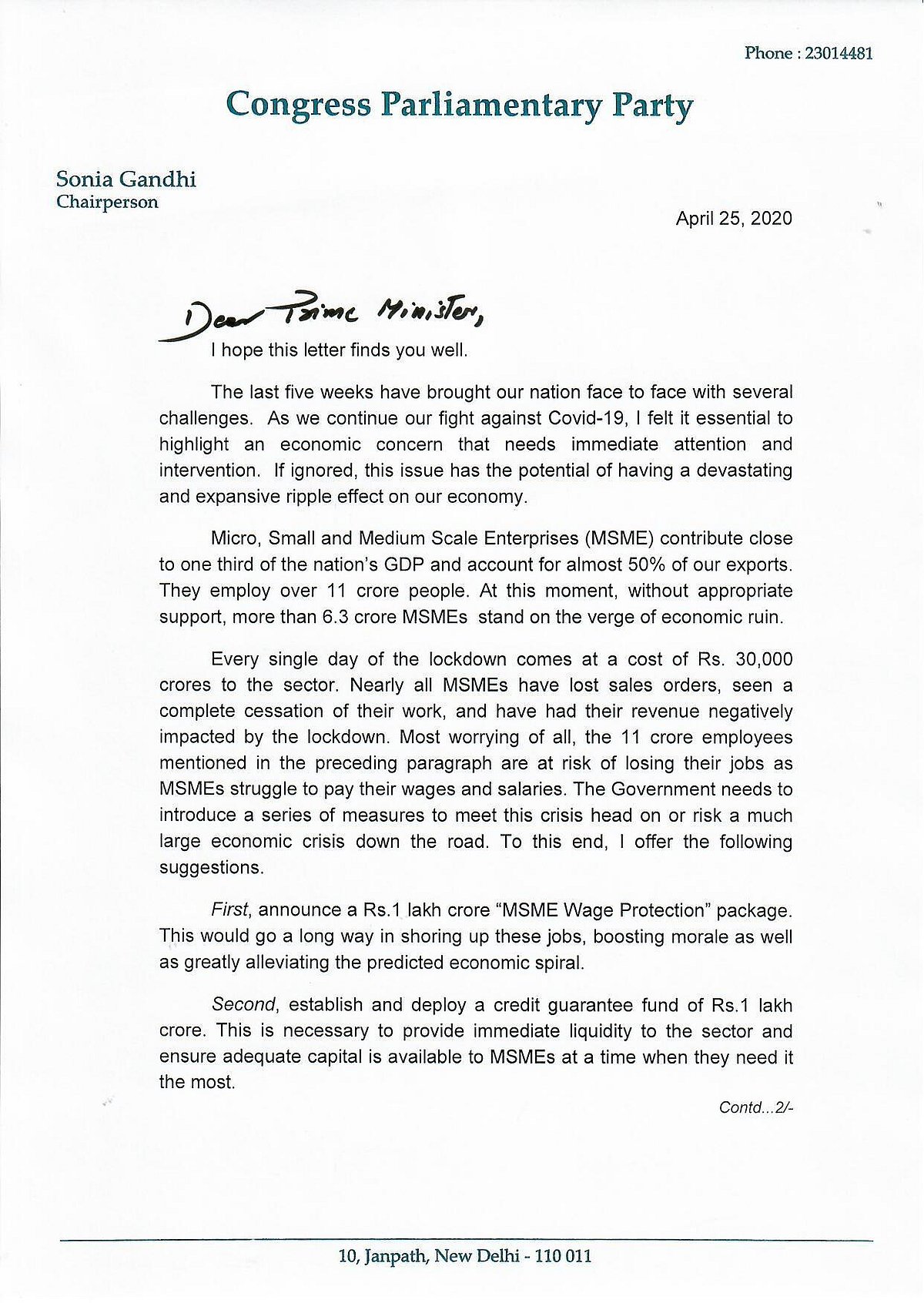 Congress President Sonia Gandhi writes to PM Modi; seeks economic package for revival of MSMEs