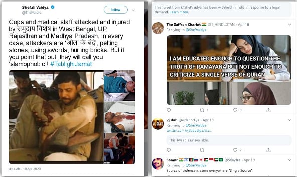 The original tweet by Shefali Vaidya (left). How the tweet currently looks now after being taken down in response to a legal demand (right)