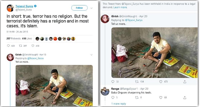 The original tweet by Tejasvi Surya on Islam (left). How the tweet currently looks now after being taken down in response to a legal demand (right)