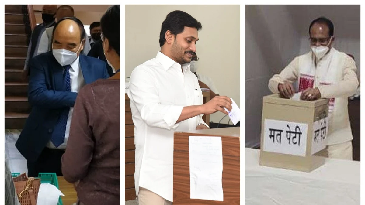 (Left to right) Mizoram CM Zoramthanga, Andhra Pradesh CM YS Jagan Mohan Reddy, Madhya Pradesh CM Shivraj Singh Chouhan cast their vote (Photo courtesy- Twitter)