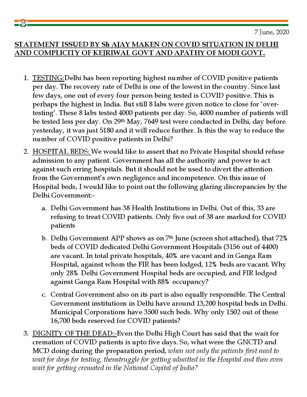 Delhi govt is violating ICMR norms on testing dead: Congress