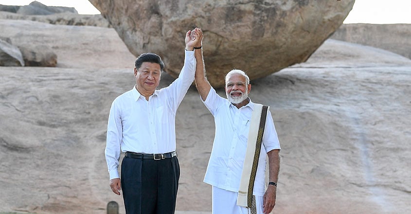 <b>Mahabalipuram, Tamil Nadu, October, 2019</b>: Prime Minister Narendra Modi and Chinese President Xi Jinping in Mahabalipuram, Tamil Nadu