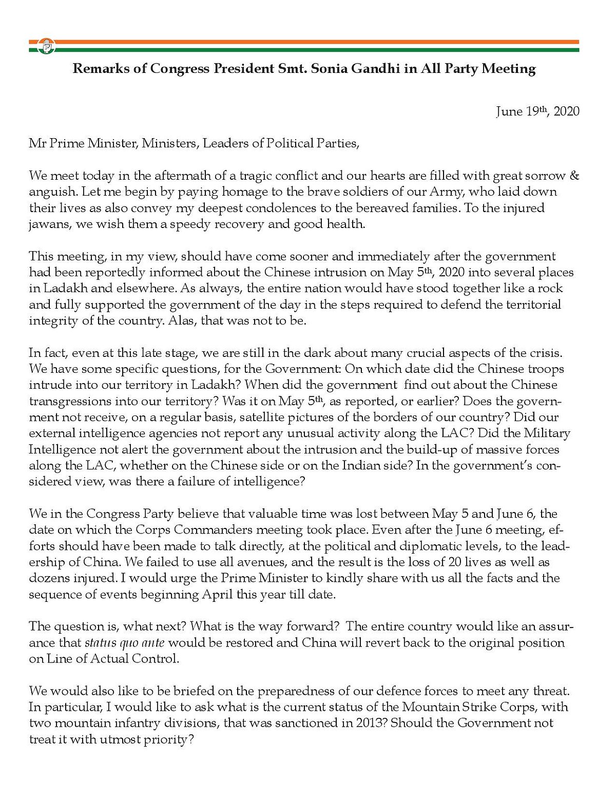 Nation needs assurance China will revert back to original position on LAC: Sonia Gandhi at All Party Meeting